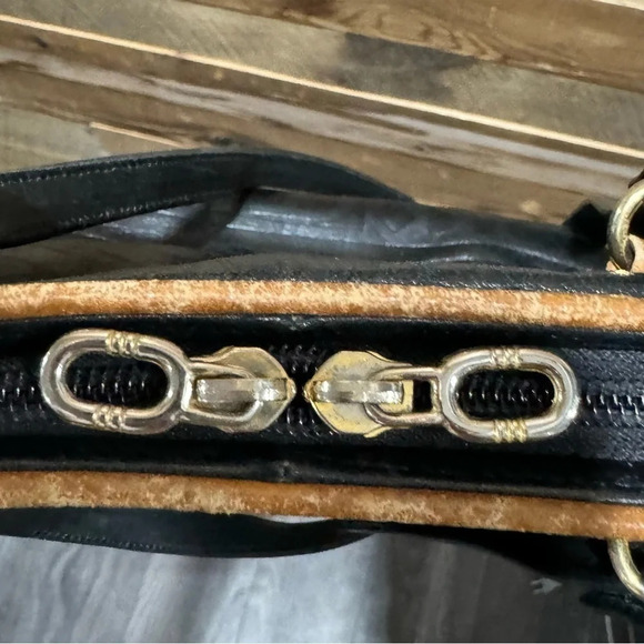 Vintage DUE FRATELLI Leather Shoulder hand Bag black tan double zipper  rare - Picture 7 of 7